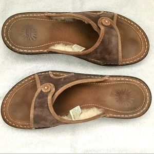 Ugg Brown Leather Sandals Slides Sherpa Lined 8